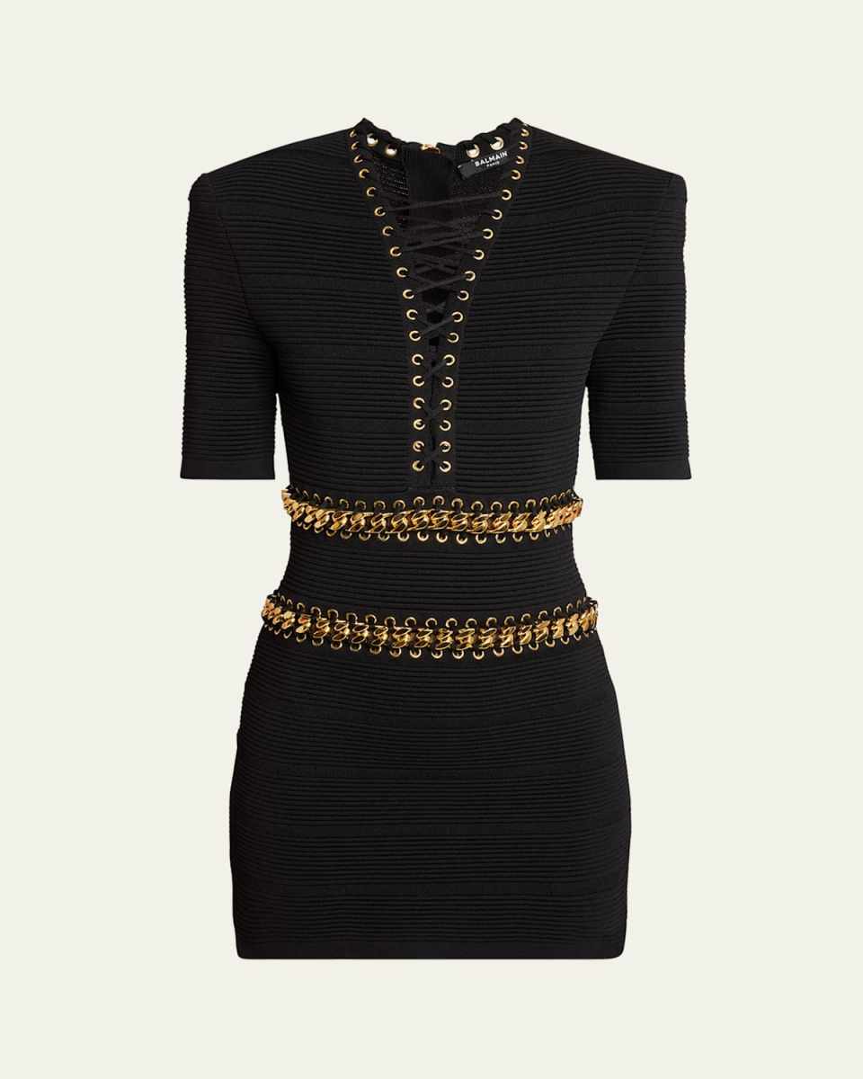 V-Neck Chain Lace-Up Mini Dress